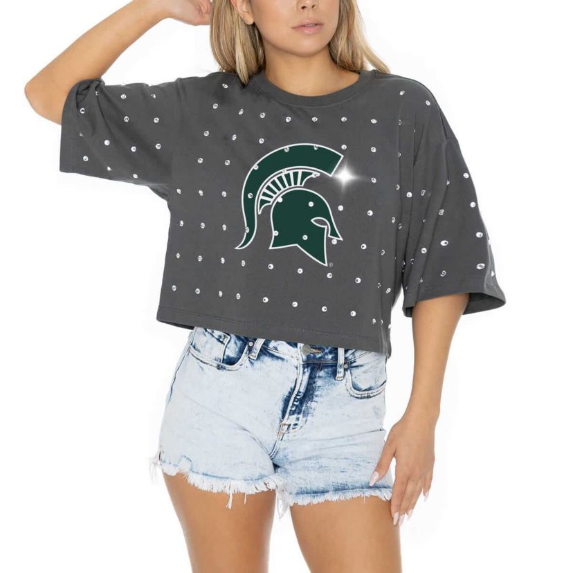 NCAA Michigan State Spartans Go Time Rhinestone Crop T-Shirt