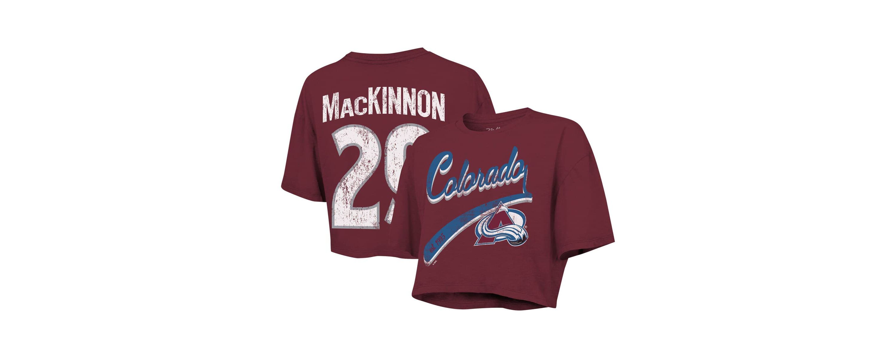 NHL Nathan MacKinnon Colorado Avalanche Behind The Net Boxy Name & Number Cropped T-Shirt