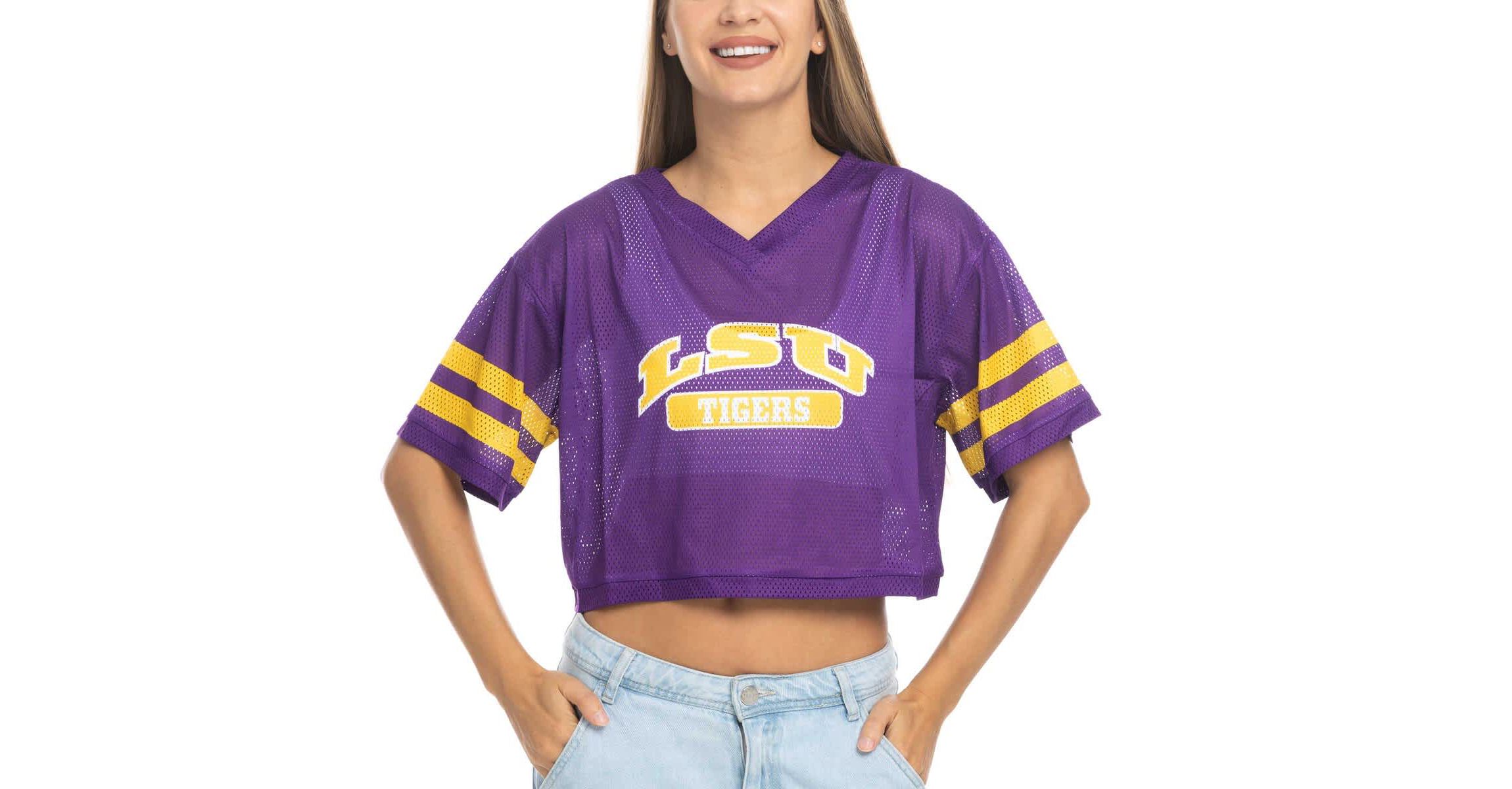 NCAA LSU Tigers Mesh Cropped V-Neck T-Shirt