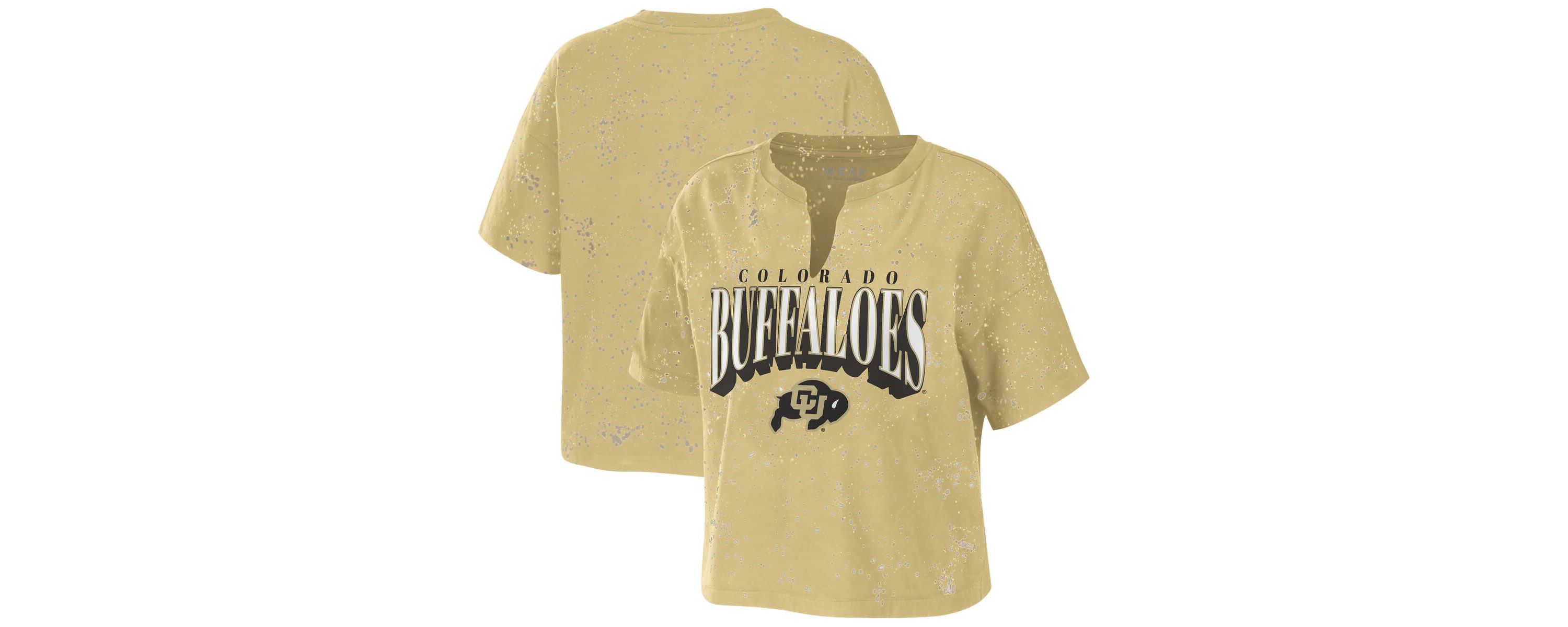 NCAA Colorado Buffaloes Bleach Wash Splatter Cropped Notch Neck T-Shirt
