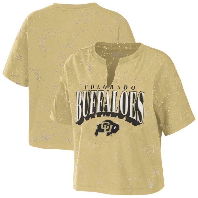 NCAA Colorado Buffaloes Bleach Wash Splatter Cropped Notch Neck T-Shirt