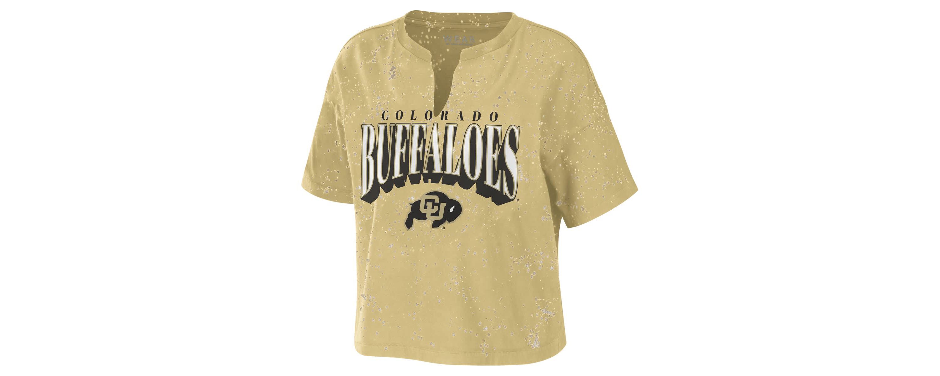 NCAA Colorado Buffaloes Bleach Wash Splatter Cropped Notch Neck T-Shirt