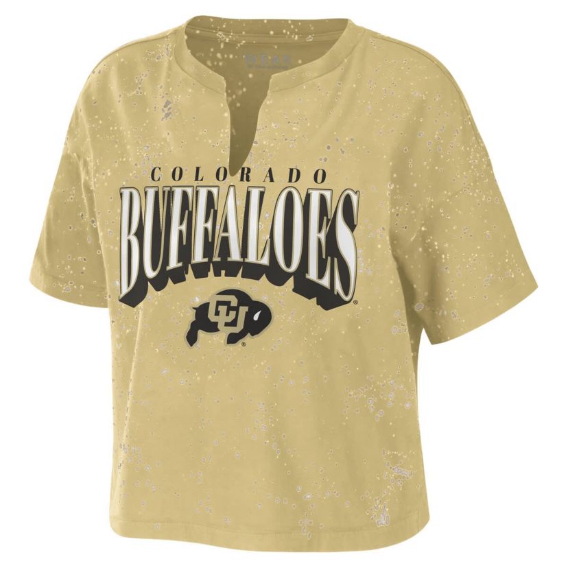 NCAA Colorado Buffaloes Bleach Wash Splatter Cropped Notch Neck T-Shirt
