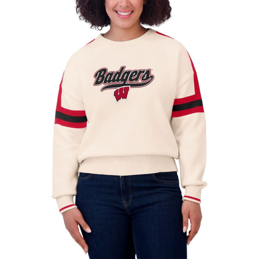 NCAA Wisconsin Badgers Chenille Woven Patch Stripe Pullover Sweater