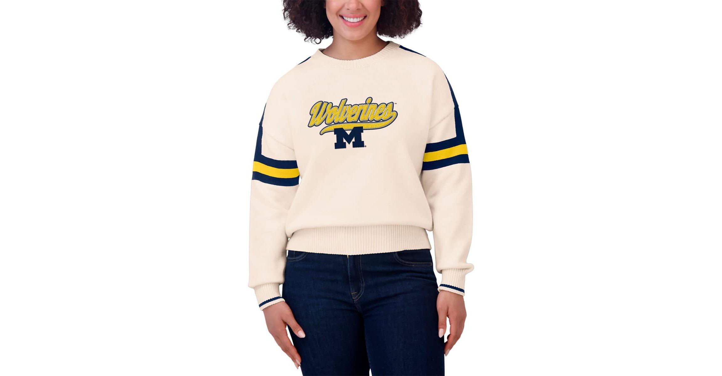 NCAA Michigan Wolverines Chenille Woven Patch Stripe Pullover Sweater