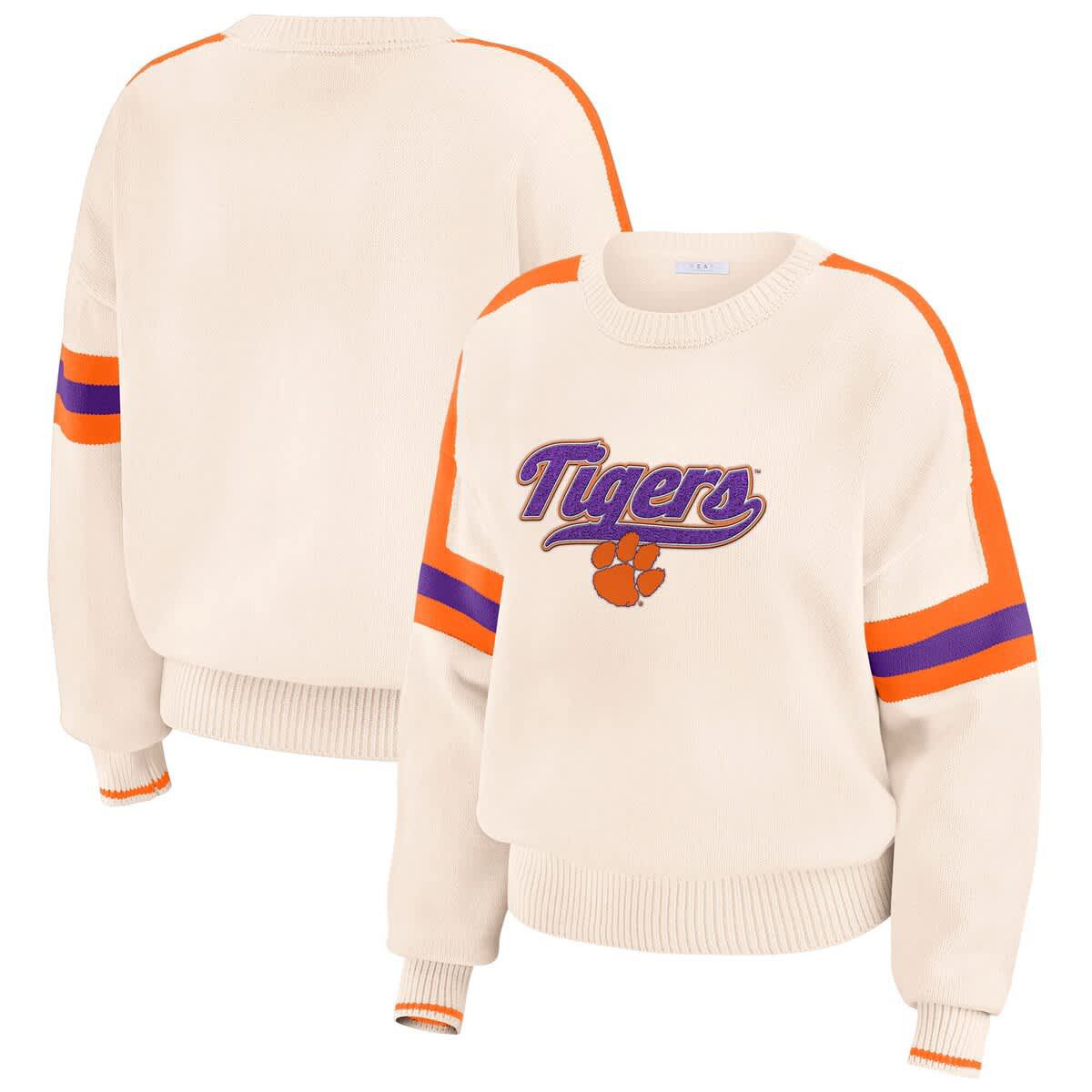 NCAA Clemson Tigers Chenille Woven Patch Stripe Pullover Sweater