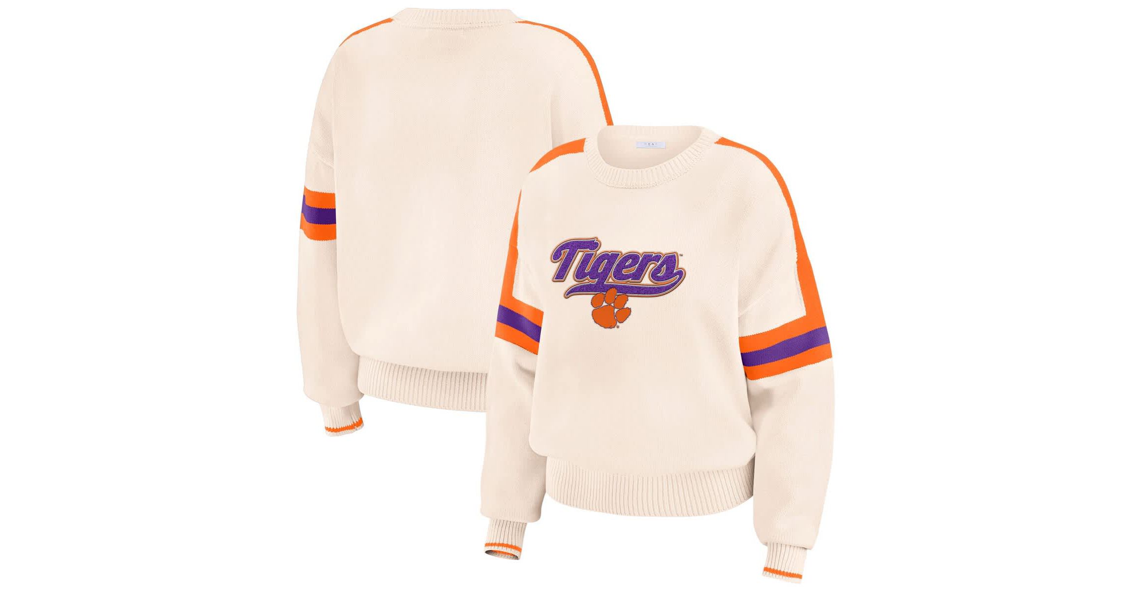 NCAA Clemson Tigers Chenille Woven Patch Stripe Pullover Sweater