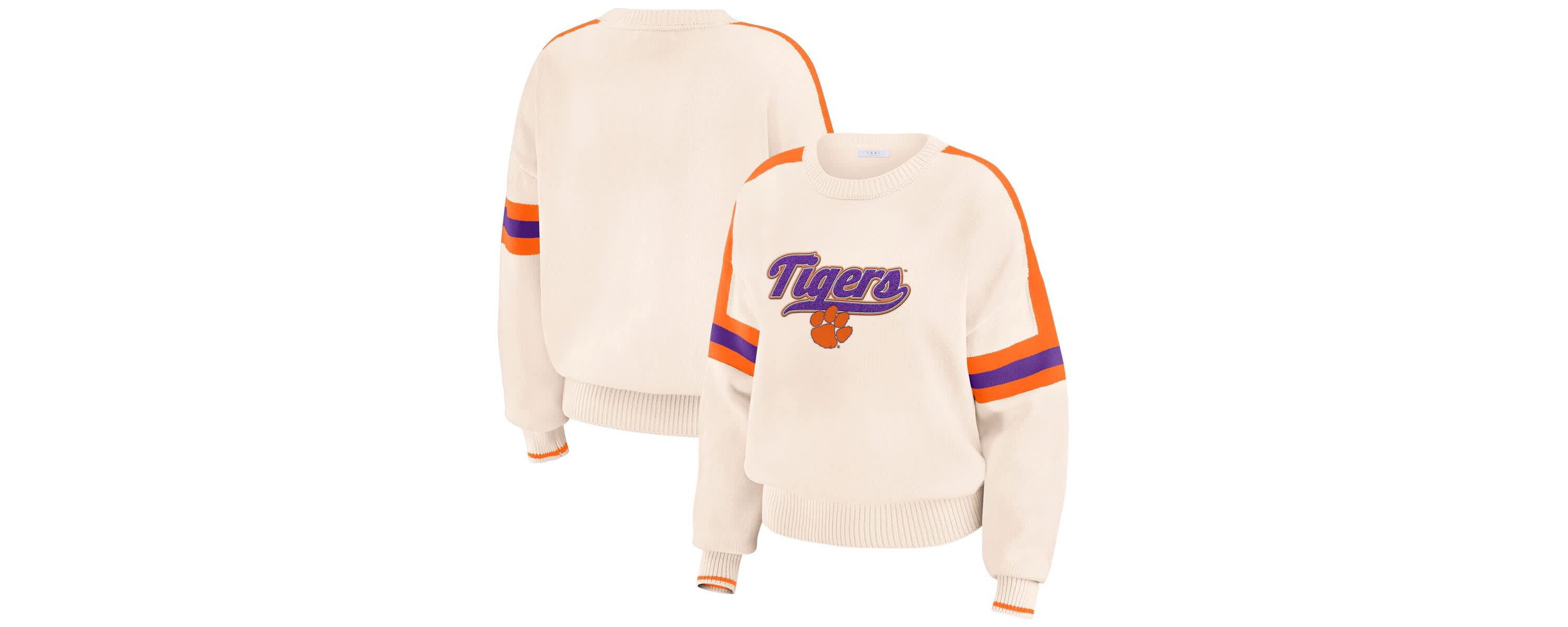 NCAA Clemson Tigers Chenille Woven Patch Stripe Pullover Sweater