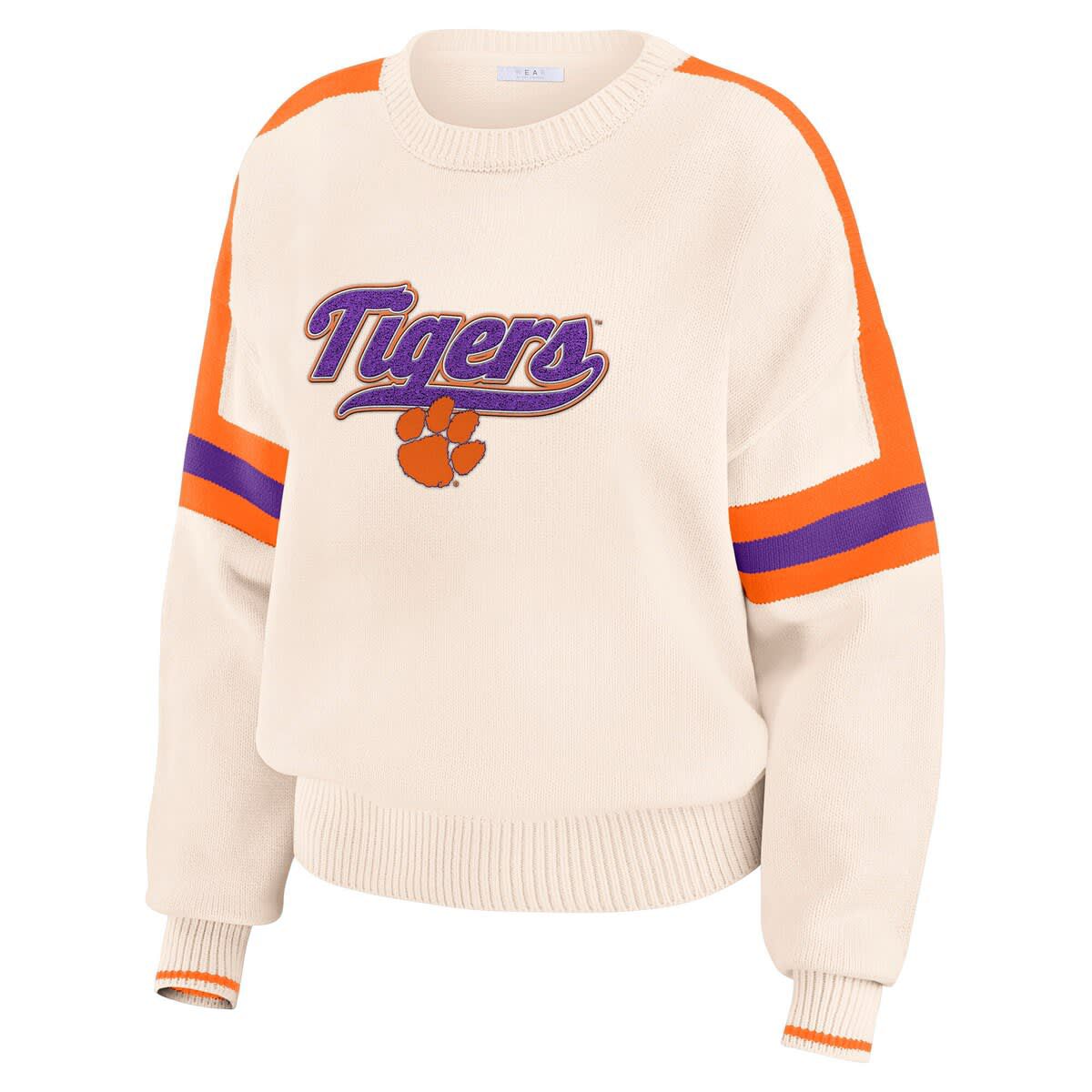 NCAA Clemson Tigers Chenille Woven Patch Stripe Pullover Sweater