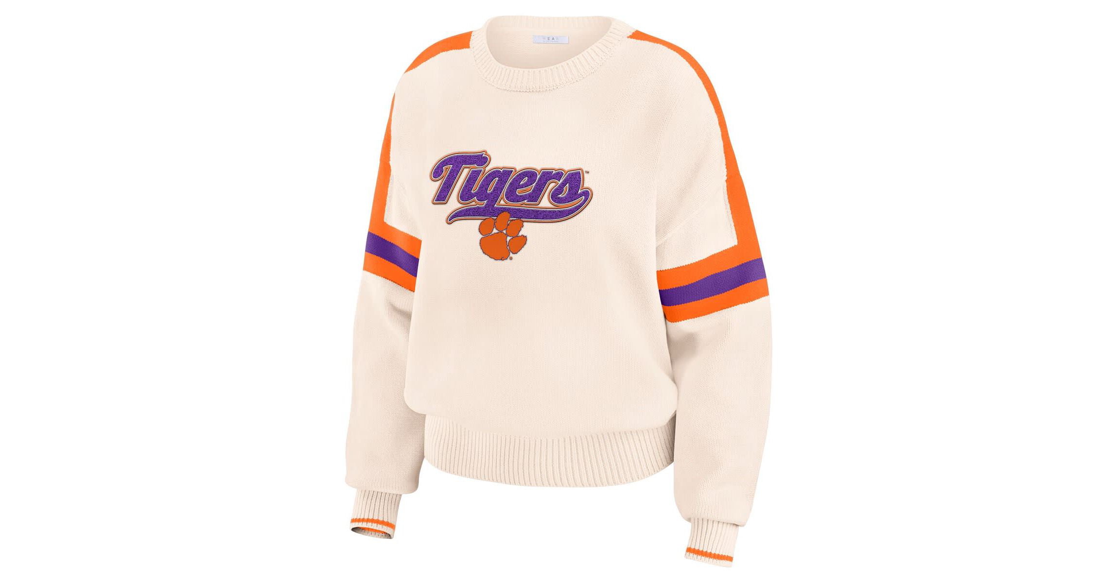 NCAA Clemson Tigers Chenille Woven Patch Stripe Pullover Sweater
