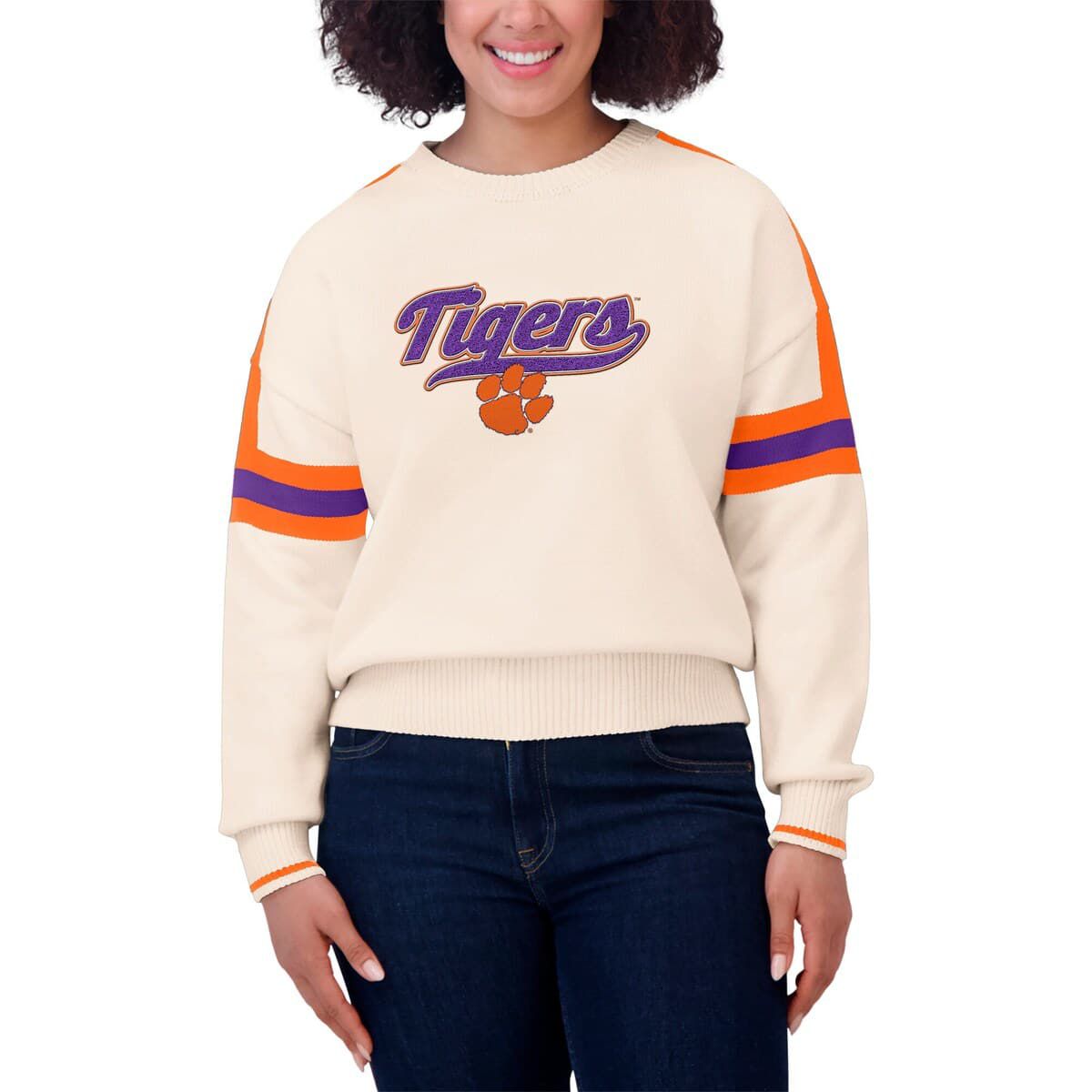 NCAA Clemson Tigers Chenille Woven Patch Stripe Pullover Sweater