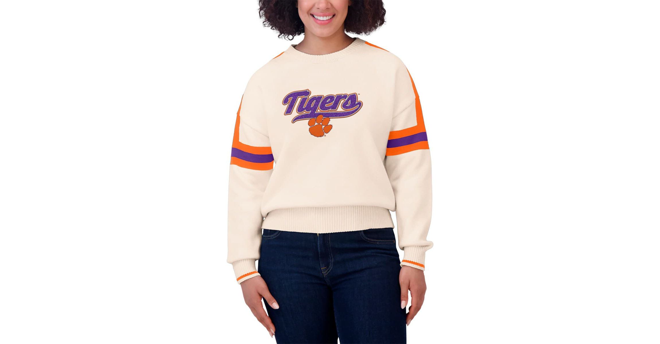 NCAA Clemson Tigers Chenille Woven Patch Stripe Pullover Sweater