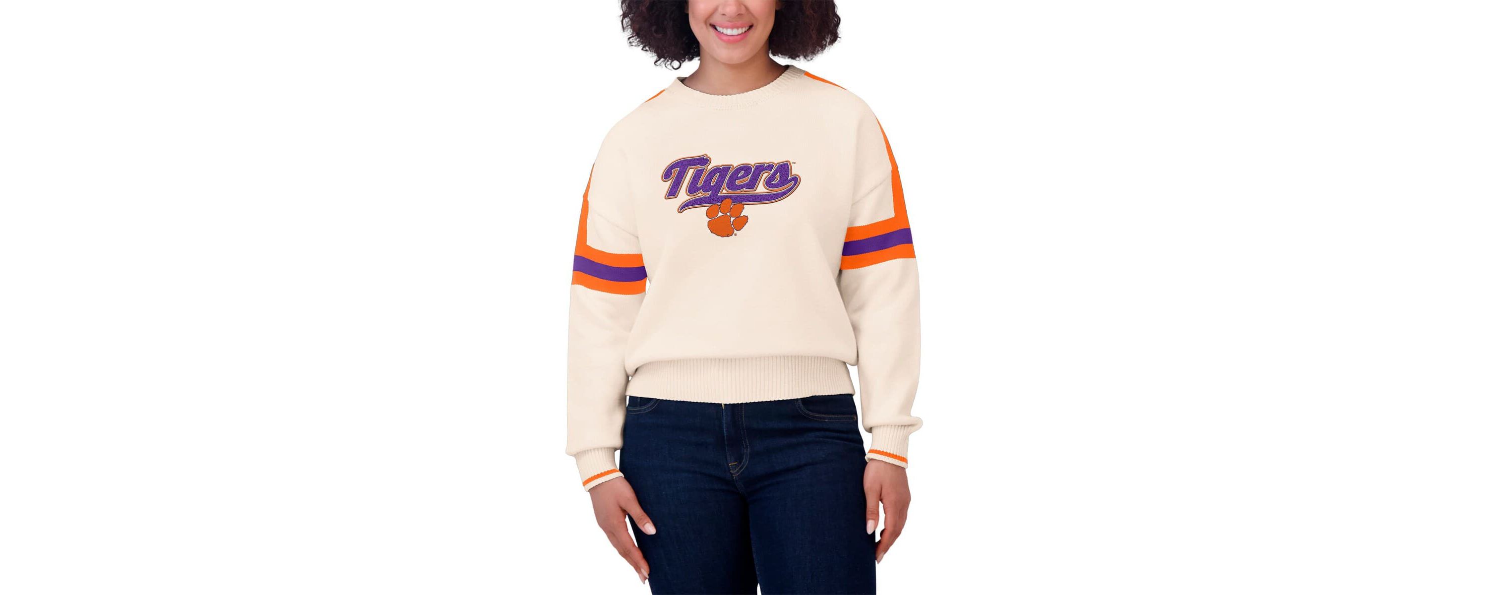 NCAA Clemson Tigers Chenille Woven Patch Stripe Pullover Sweater