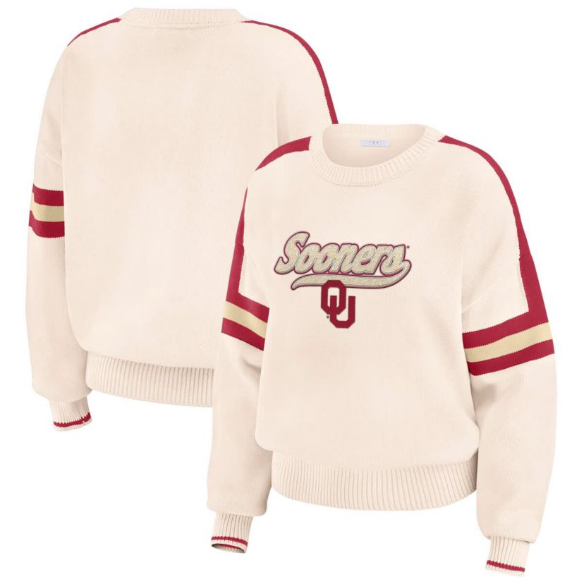 NCAA Oklahoma Sooners Chenille Woven Patch Stripe Pullover Sweater