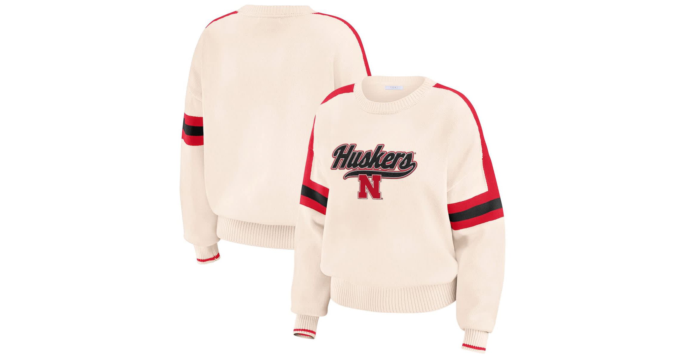 NCAA Nebraska Huskers Chenille Woven Patch Stripe Pullover Sweater