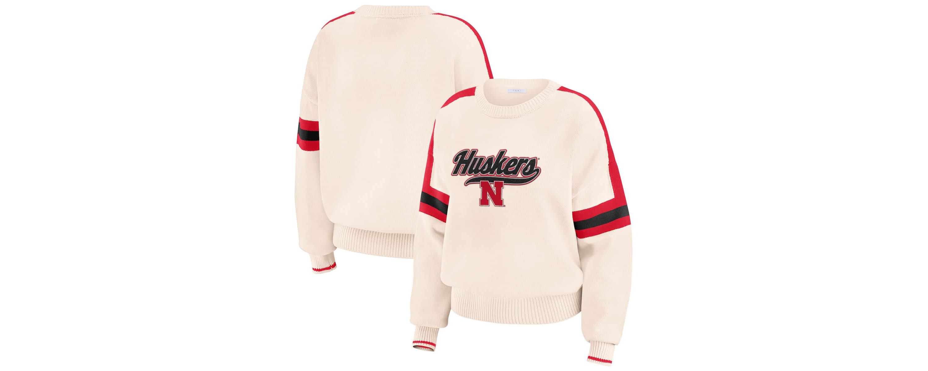 NCAA Nebraska Huskers Chenille Woven Patch Stripe Pullover Sweater