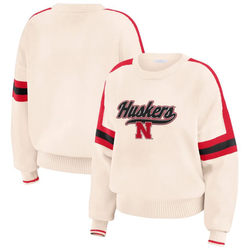 NCAA Nebraska Huskers Chenille Woven Patch Stripe Pullover Sweater