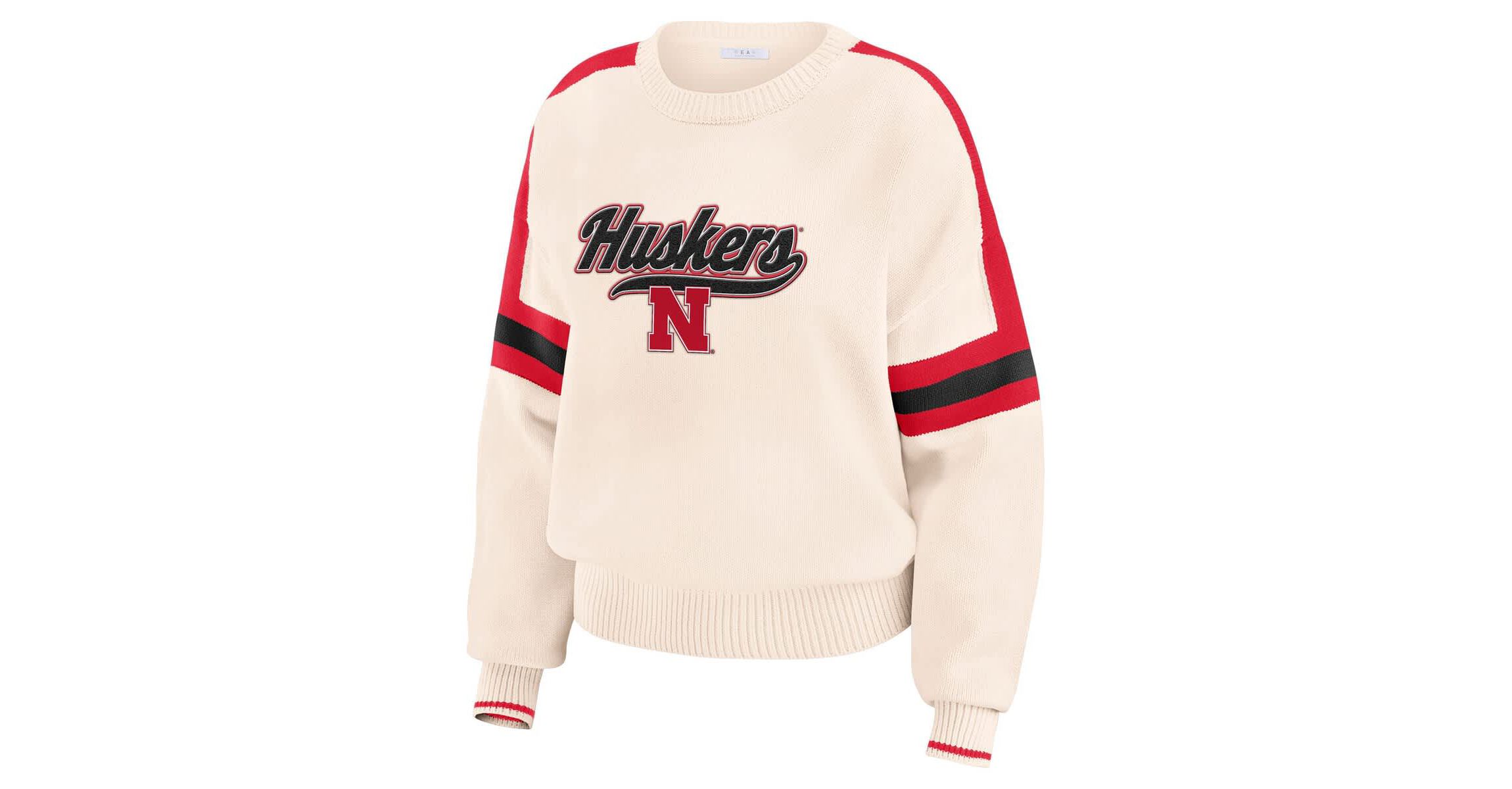 NCAA Nebraska Huskers Chenille Woven Patch Stripe Pullover Sweater