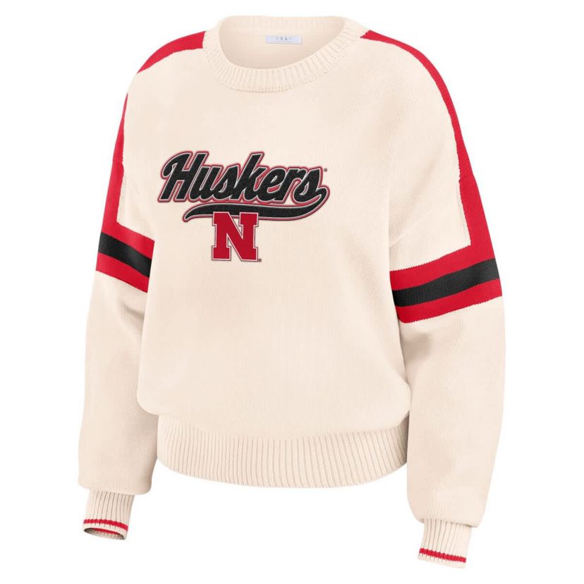 NCAA Nebraska Huskers Chenille Woven Patch Stripe Pullover Sweater