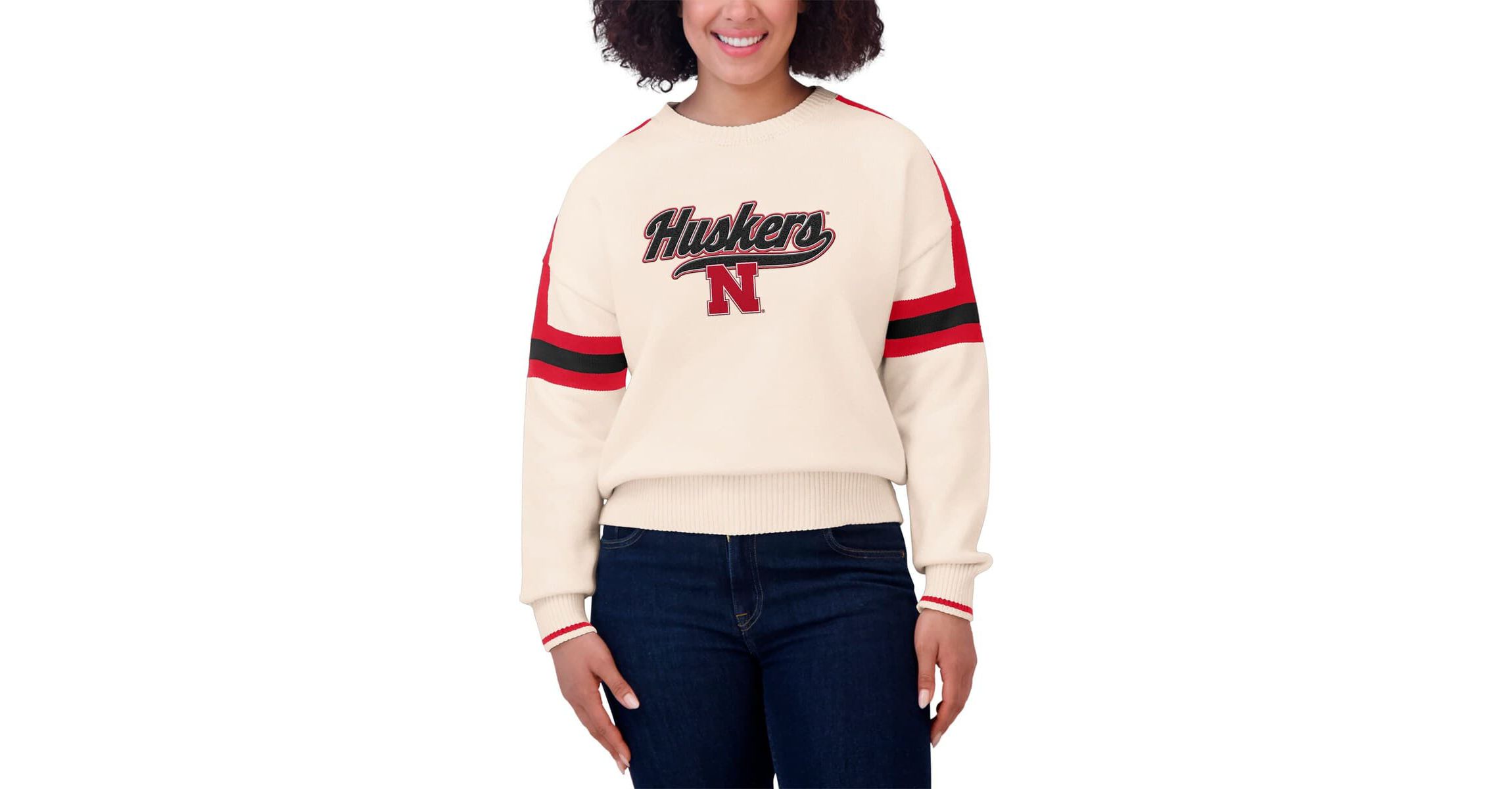 NCAA Nebraska Huskers Chenille Woven Patch Stripe Pullover Sweater
