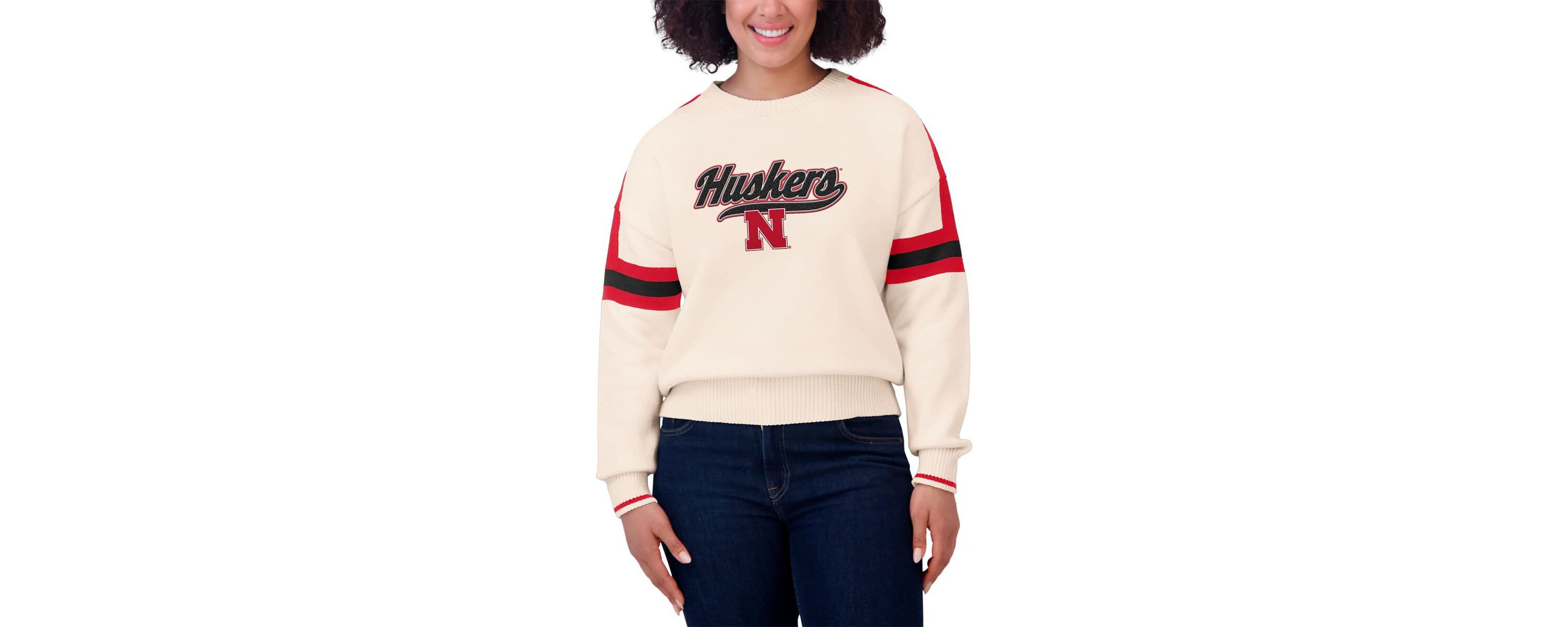 NCAA Nebraska Huskers Chenille Woven Patch Stripe Pullover Sweater