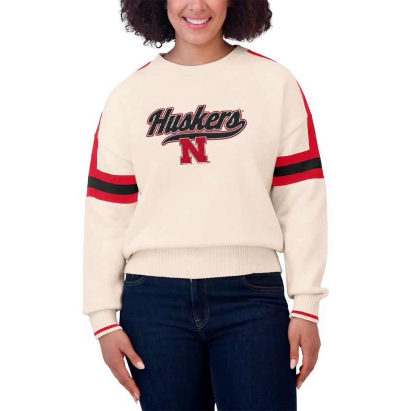 NCAA Nebraska Huskers Chenille Woven Patch Stripe Pullover Sweater