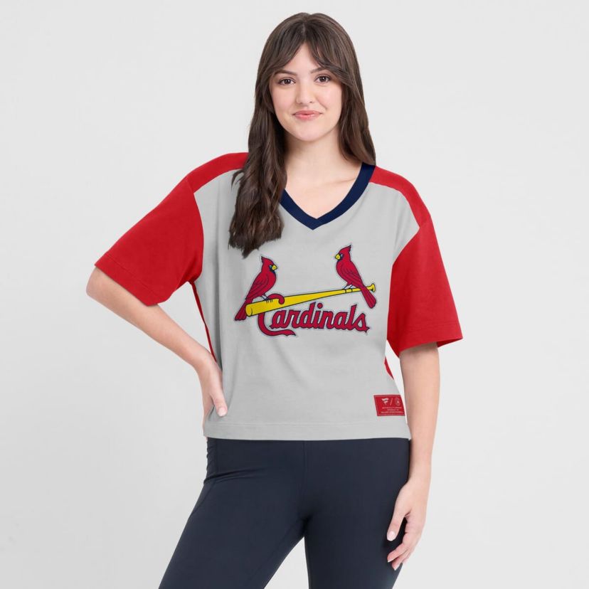 MLB Fanatics Red/Graphite St. Louis Cardinals Oversized Race To Win V-Neck T-Shirt