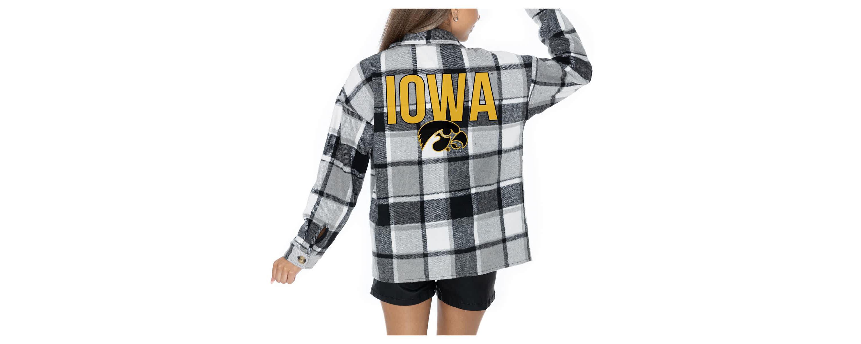 NCAA Grey Iowa Hawkeyes Long Sleeve Brushed Plaid Button-Up Overshirt Jacket