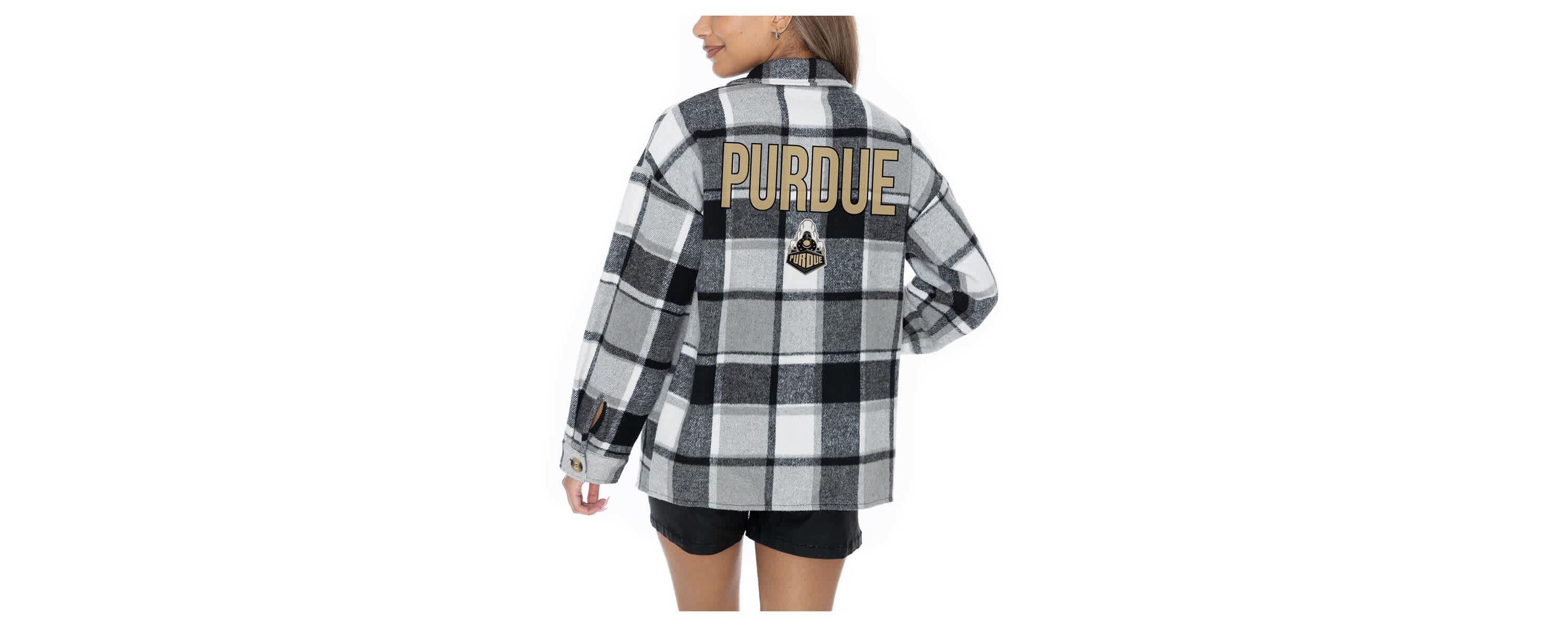 NCAA Grey Purdue Boilermakers Long Sleeve Brushed Plaid Button-Up Overshirt Jacket