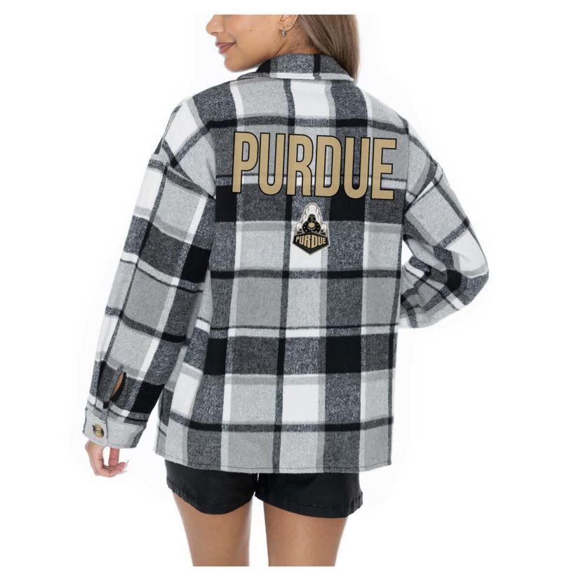 NCAA Grey Purdue Boilermakers Long Sleeve Brushed Plaid Button-Up Overshirt Jacket