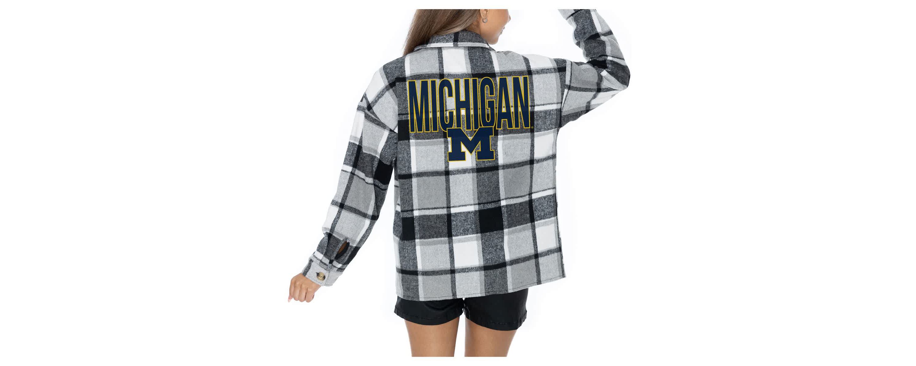 NCAA Grey Michigan Wolverines Long Sleeve Brushed Plaid Button-Up Overshirt Jacket