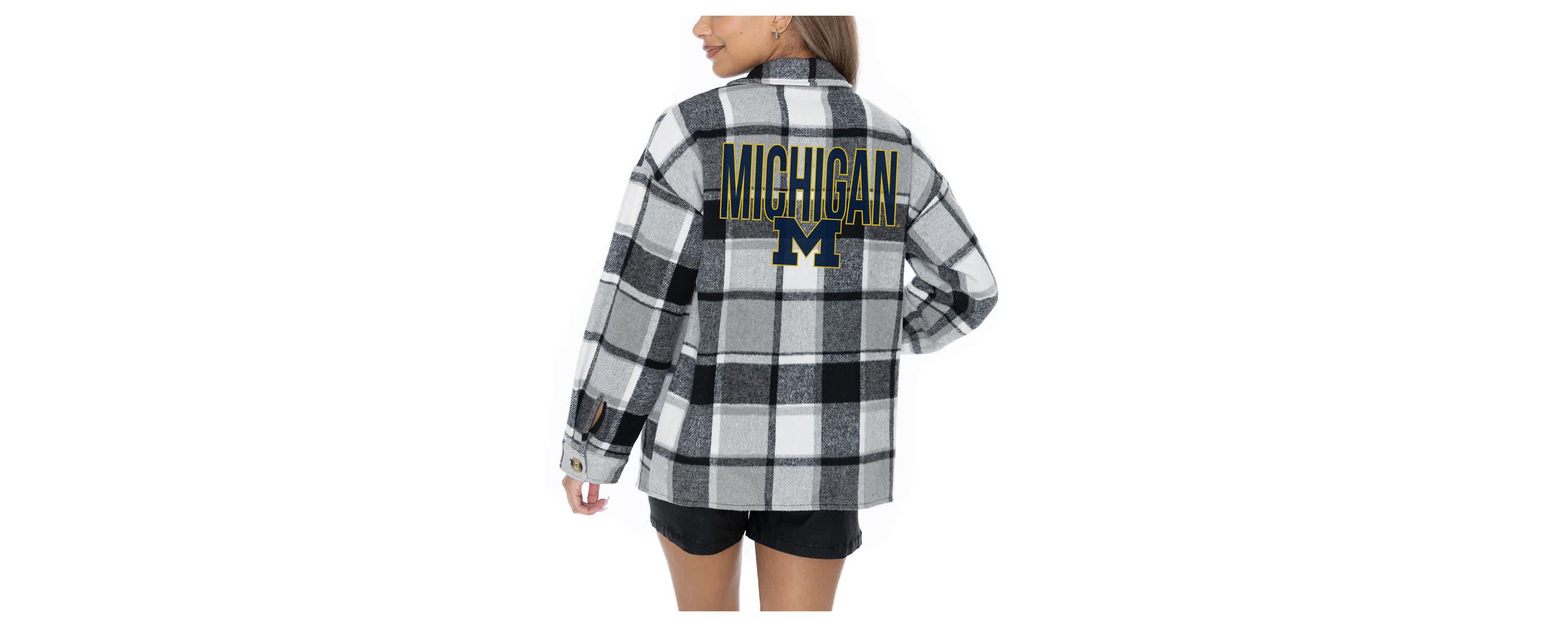 NCAA Grey Michigan Wolverines Long Sleeve Brushed Plaid Button-Up Overshirt Jacket