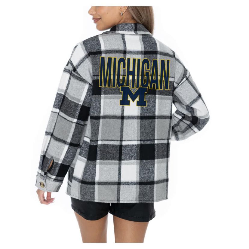 NCAA Grey Michigan Wolverines Long Sleeve Brushed Plaid Button-Up Overshirt Jacket