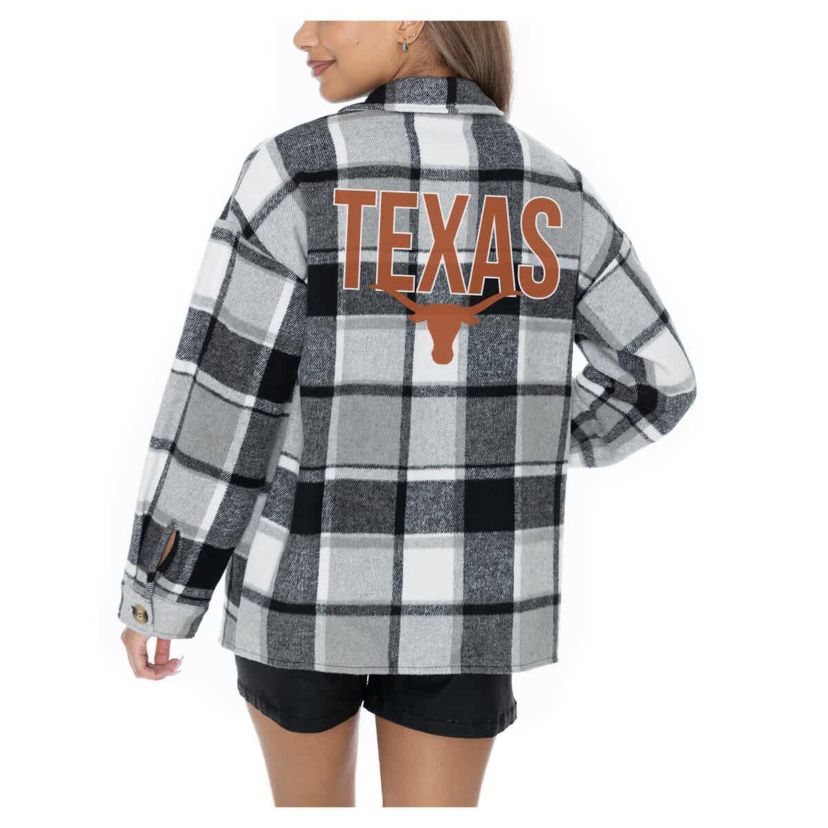 NCAA Grey Texas Longhorns Long Sleeve Brushed Plaid Button-Up Overshirt Jacket