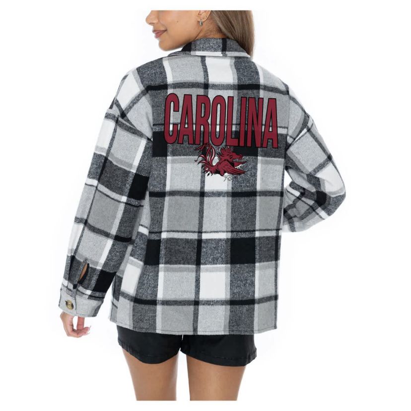 NCAA Grey South Carolina Gamecocks Long Sleeve Brushed Plaid Button-Up Overshirt Jacket