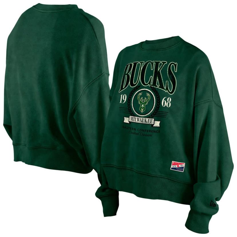 NBA Hunter Milwaukee Bucks Throwback Vintage Enzyme Wash Oversized Boxy Pullover Sweatshirt