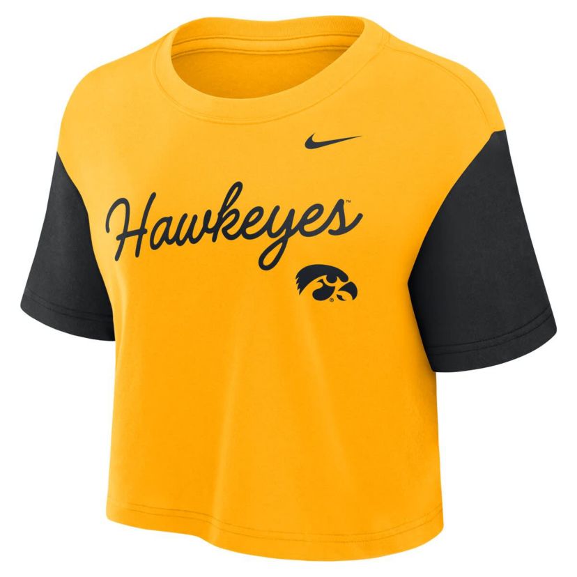 NCAA Nike Iowa Hawkeyes Color-Block Script Dri-FIT Cropped T-Shirt