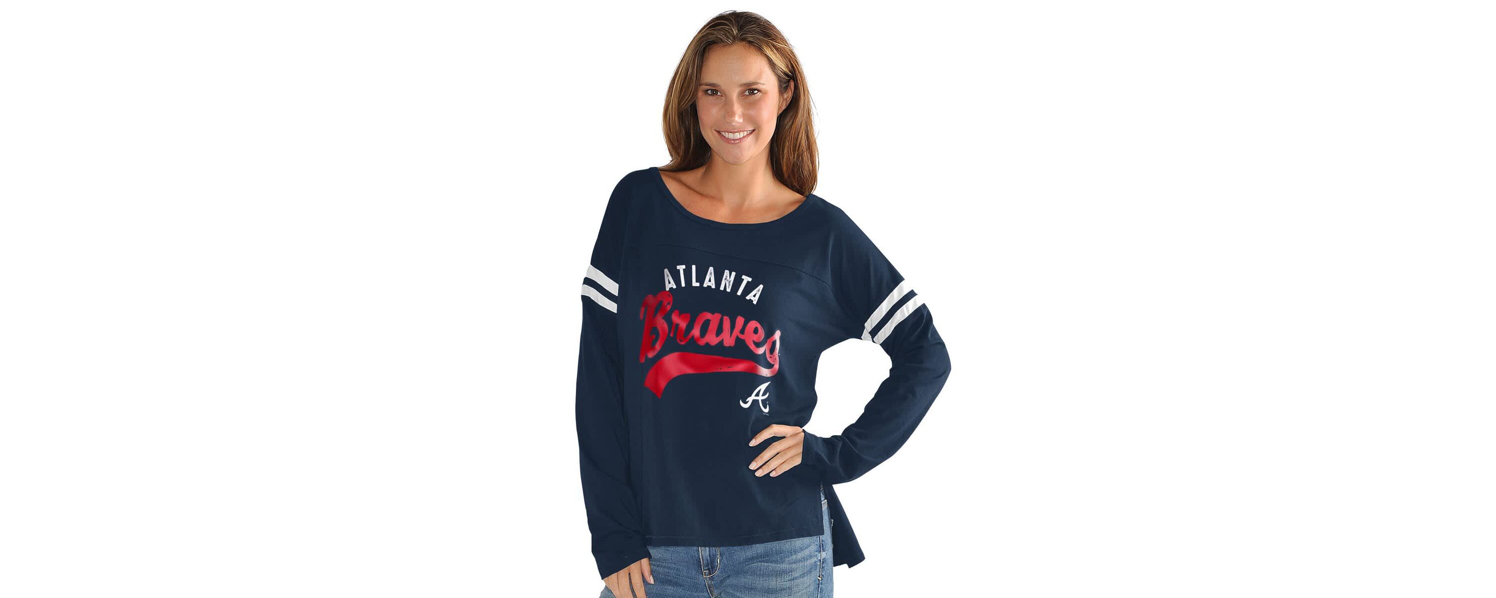 MLB Atlanta Braves Free Agent Distressed Long Sleeve Scoop Neck T-Shirt
