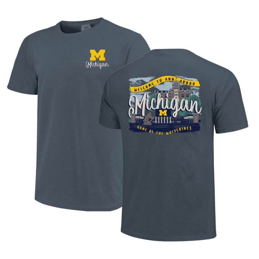 NCAA Michigan Wolverines Campus Scene Drawing Script T-Shirt