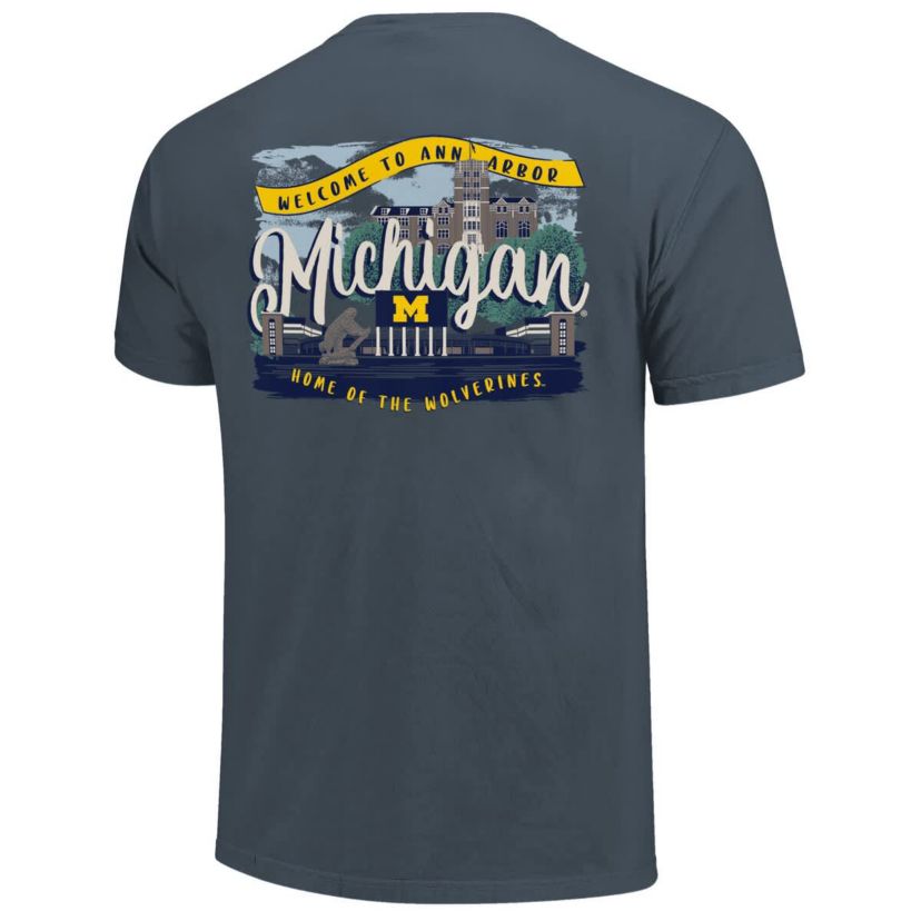 NCAA Michigan Wolverines Campus Scene Drawing Script T-Shirt