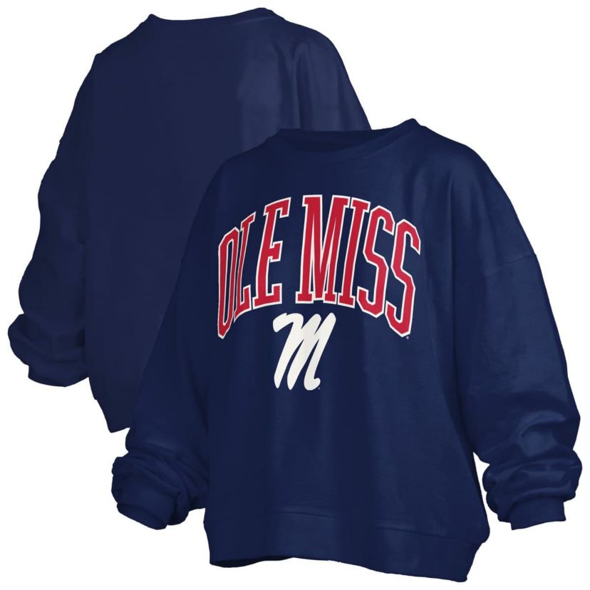 NCAA Ole Miss Rebels Janise Arch Over Logo Waist Length Oversized Pullover Sweatshirt