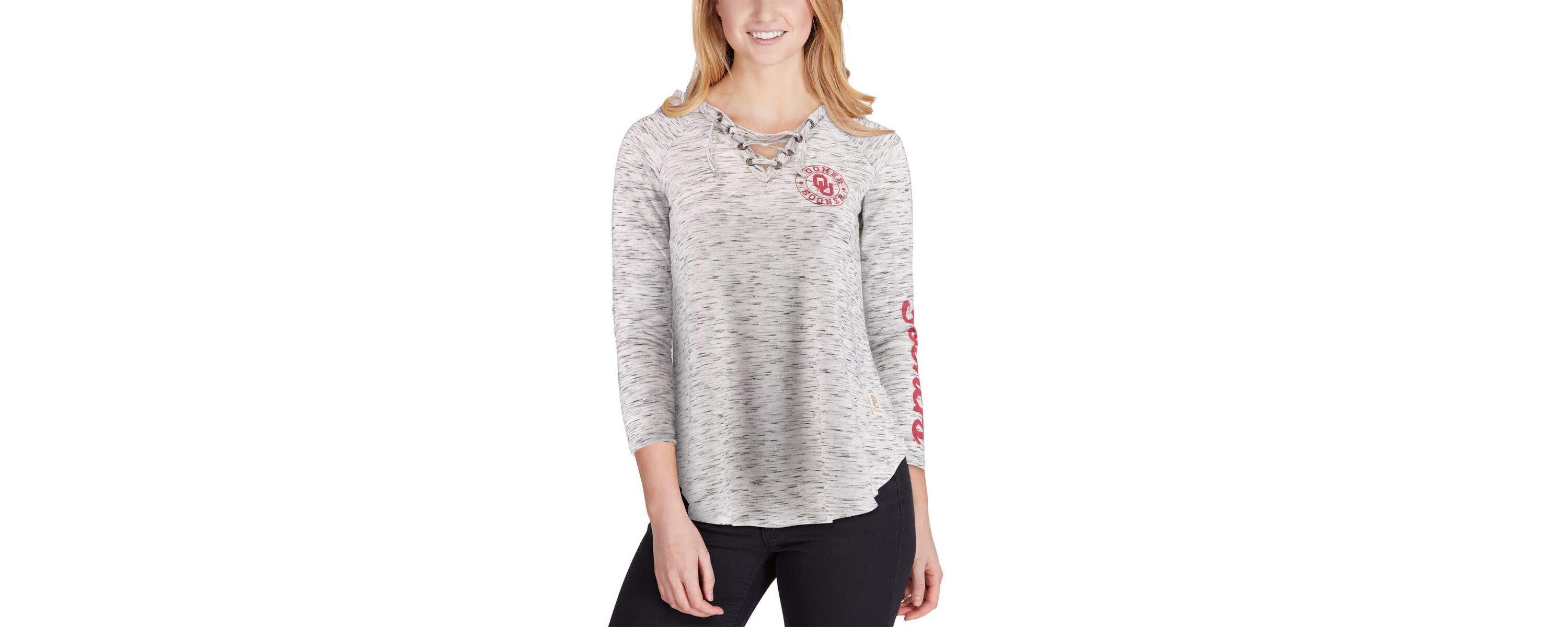 NCAA Oklahoma Sooners Space Dye Lace-Up V-Neck Long Sleeve T-Shirt