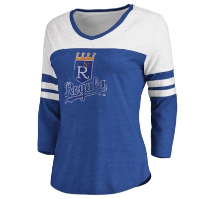 MLB Fanatics ed Kansas City Royals Two-Toned Distressed Cooperstown Collection Tri-Blend 3/4-Sleeve V-Neck T-Shirt