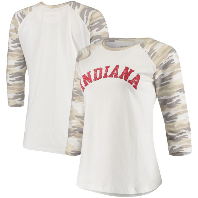 NCAA White/Camo Indiana Hoosiers Boyfriend Baseball Raglan 3/4 Sleeve T-Shirt