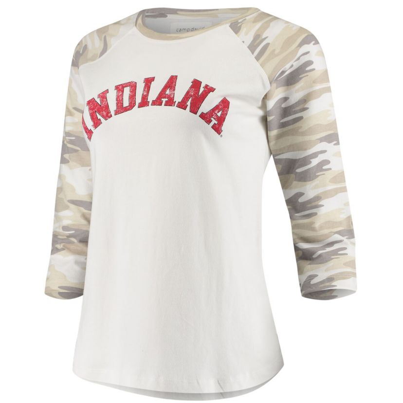 NCAA White/Camo Indiana Hoosiers Boyfriend Baseball Raglan 3/4 Sleeve T-Shirt
