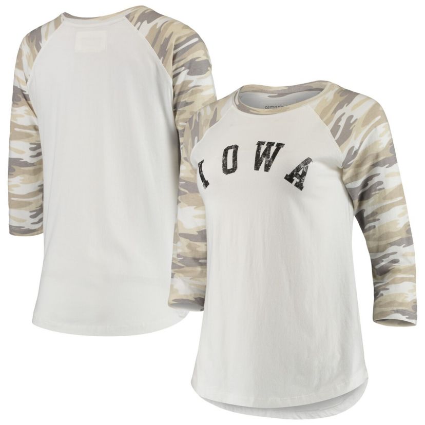 NCAA White/Camo Iowa Hawkeyes Boyfriend Baseball Raglan 3/4-Sleeve T-Shirt