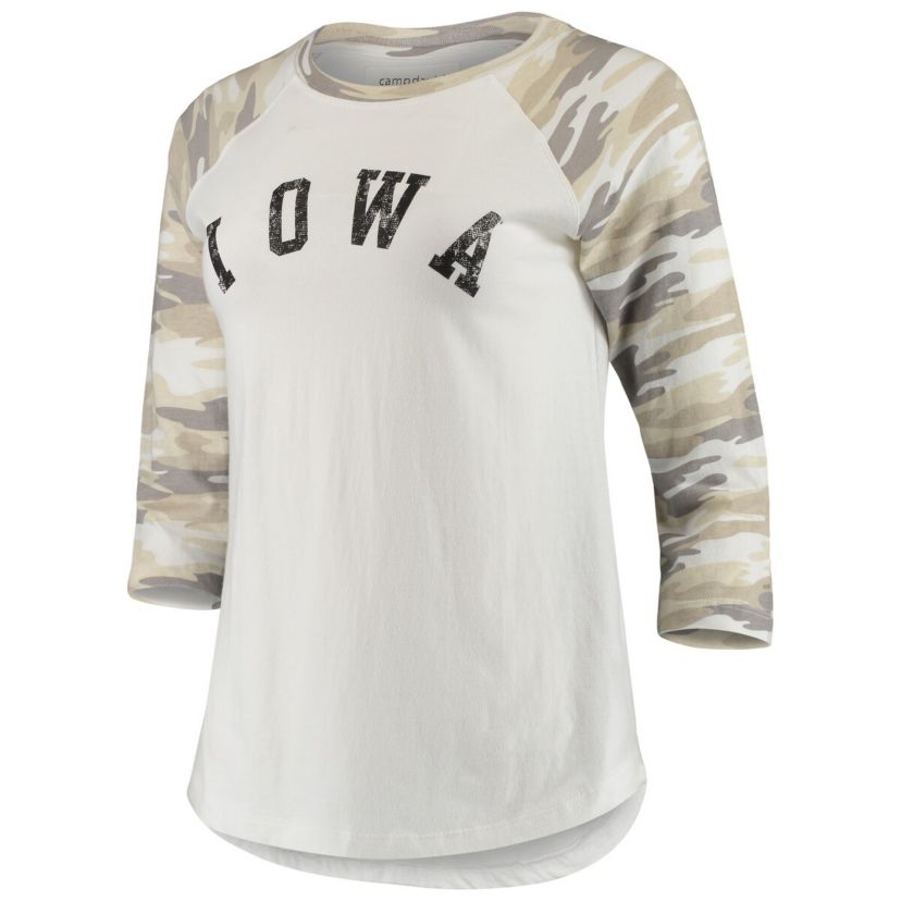 NCAA White/Camo Iowa Hawkeyes Boyfriend Baseball Raglan 3/4-Sleeve T-Shirt