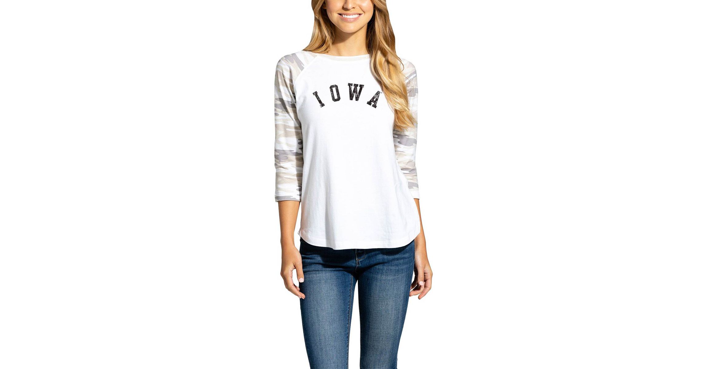 NCAA White/Camo Iowa Hawkeyes Boyfriend Baseball Raglan 3/4-Sleeve T-Shirt