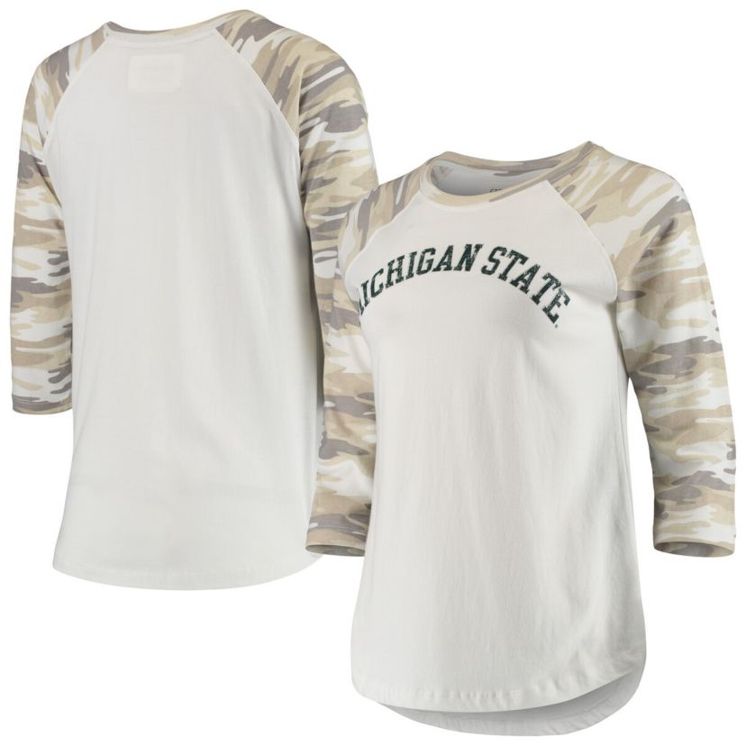 NCAA White/Camo Michigan State Spartans Boyfriend Baseball Raglan 3/4-Sleeve T-Shirt