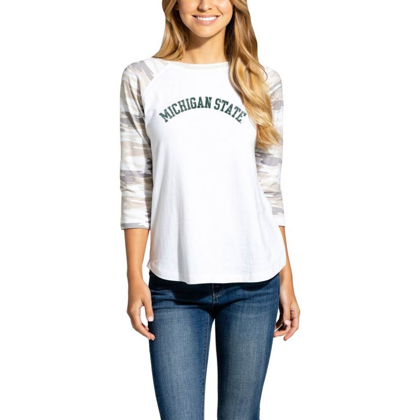 NCAA White/Camo Michigan State Spartans Boyfriend Baseball Raglan 3/4-Sleeve T-Shirt